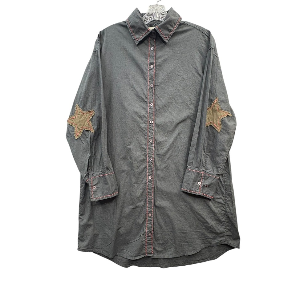 Natural Life Gray Button Up Tunic Shirt Red Stitching Star Boho Western XS